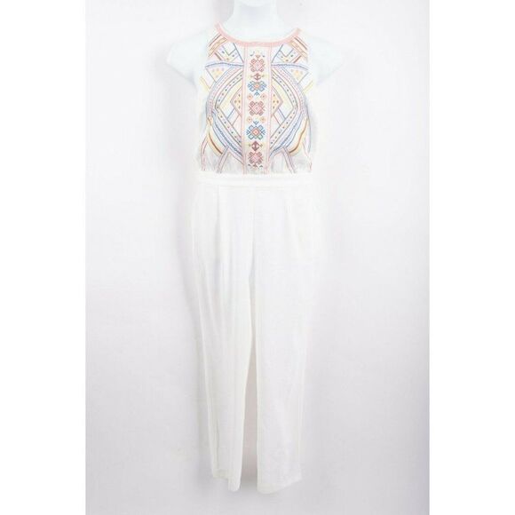 Champagne & Strawberry Anthropologie Womens Jumpsuit M White Aztec Embroidered - Picture 1 of 4